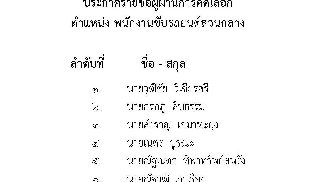 ประกาศรายชื่อผู้ผ่านการคัดเลือก ตำแหน่งพนักงานขับรถยนต์ส่วนกลาง