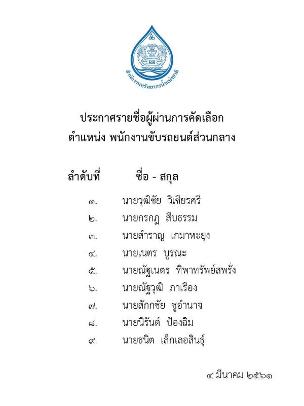 ประกาศรายชื่อผู้ผ่านการคัดเลือก ตำแหน่งพนักงานขับรถยนต์ส่วนกลาง