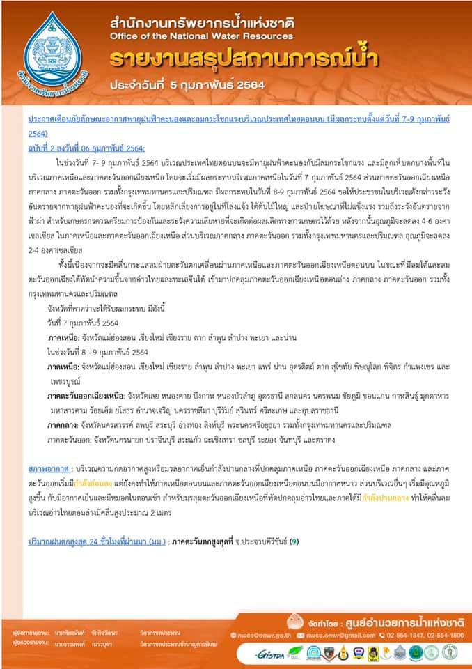 รายงานสรุปสถานการณ์น้ำประจำวันที่ 6 กุมภาพันธ์ 2564