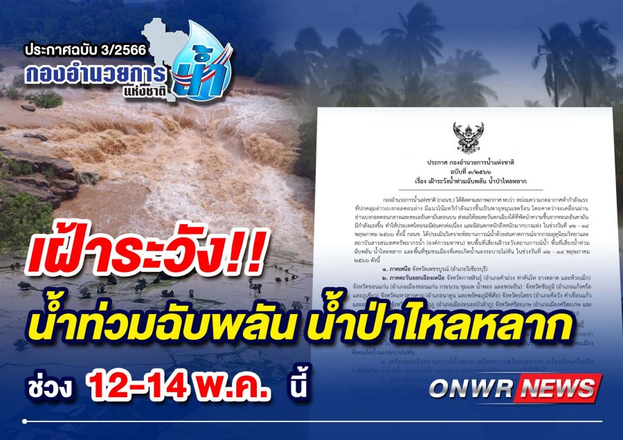 ประกาศ กองอำนวยการน้ำแห่งชาติ ฉบับที่ ๓/๒๕๖๖ เรื่องเฝ้าระวังน้ำท่วมฉับพลัน น้ำป่าไหลหลาก