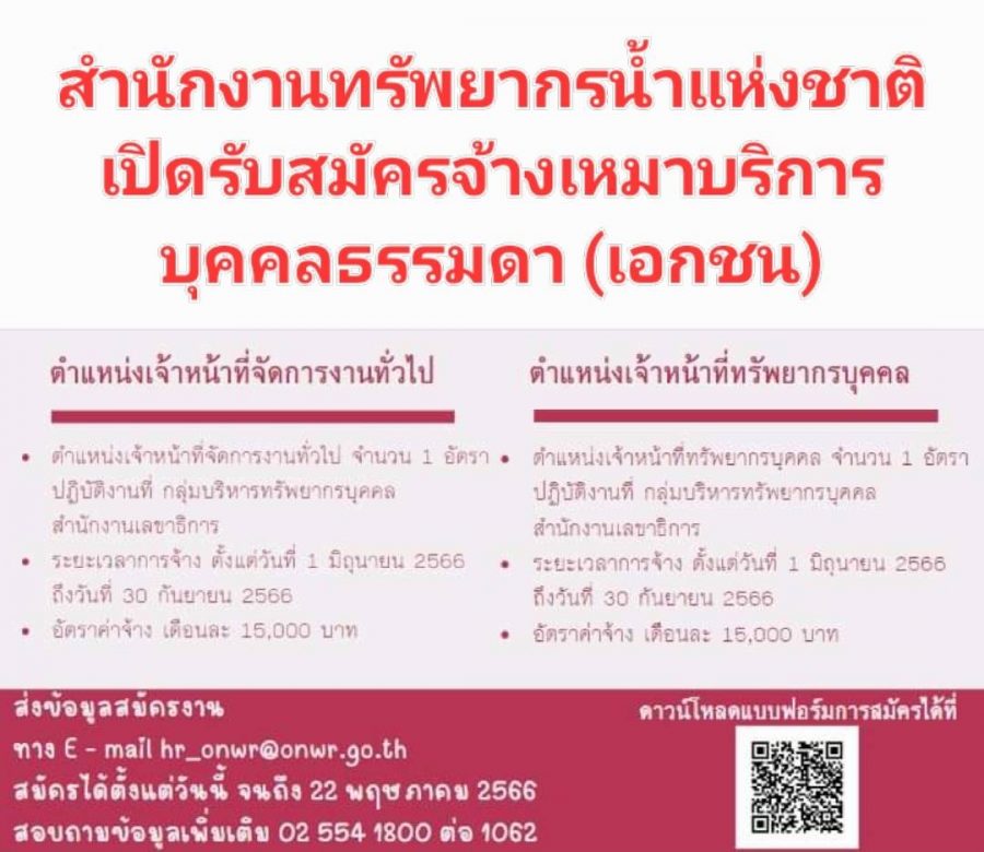 สำนักงานทรัพยากรน้ำแห่งชาติ (สทนช.) เปิดรับสมัครจ้างเหมาบริการบุคคลธรรมดา (เอกชน) จำนวน 2 ตำแหน่ง ดังนี้