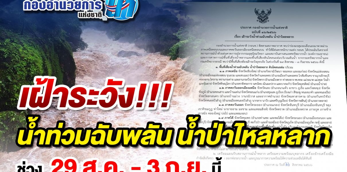 เฝ้าระวังน้ำท่วมฉับพลัน น้ำป่าไหลหลาก ช่วง 29 ส.ค. – 3 ก.ย. นี้