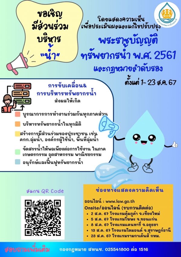 📣📣สำนักงานทรัพยากรน้ำแห่งชาติ ขอเชิญชวน หน่วยงานของรัฐ และประชาชน ร่วมแสดงความคิดเห็นในการประเมินผลสัมฤทธิ์พระราชบัญญัติทรัพยากรน้ำ พ.ศ. 2561